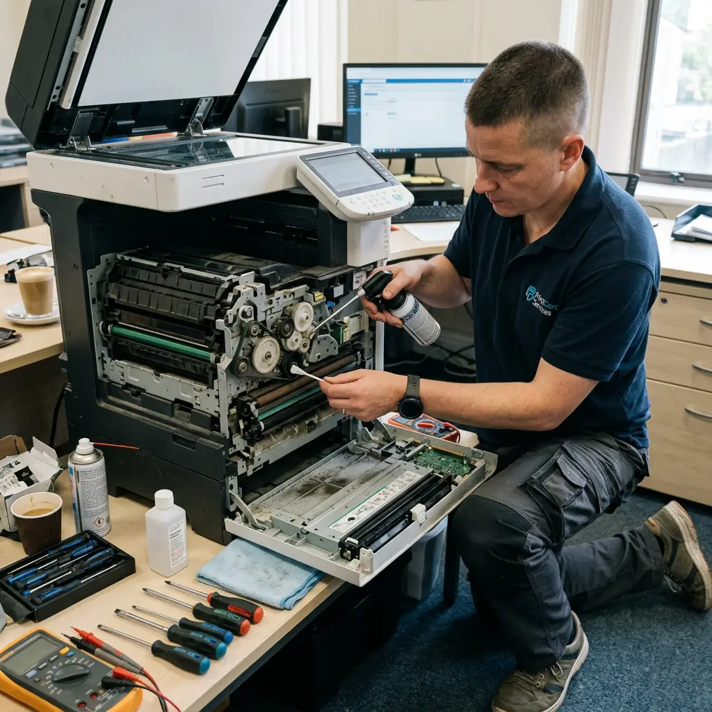 Serwisant drukarek konserwuje urządzenie w firmie. Naprawa drukarek Płock