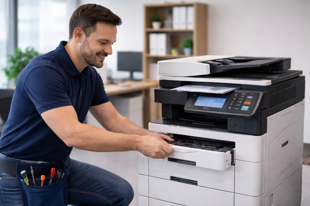 Technik firmy R-Tech instaluję kserokopiarkę w firmie w Płocku